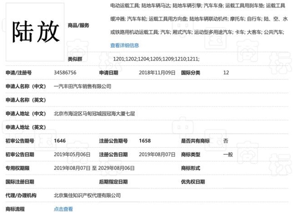 一汽丰田注册陆泽/陆放商标：或用于全新中型SUV